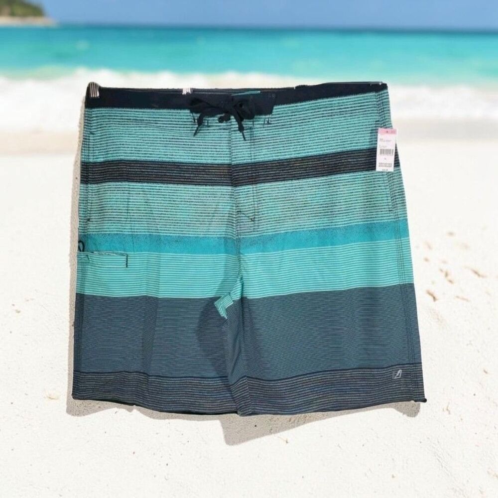 Amplify Board Shorts Mens XL Black Teal Striped Lightweight Stretch Casual New